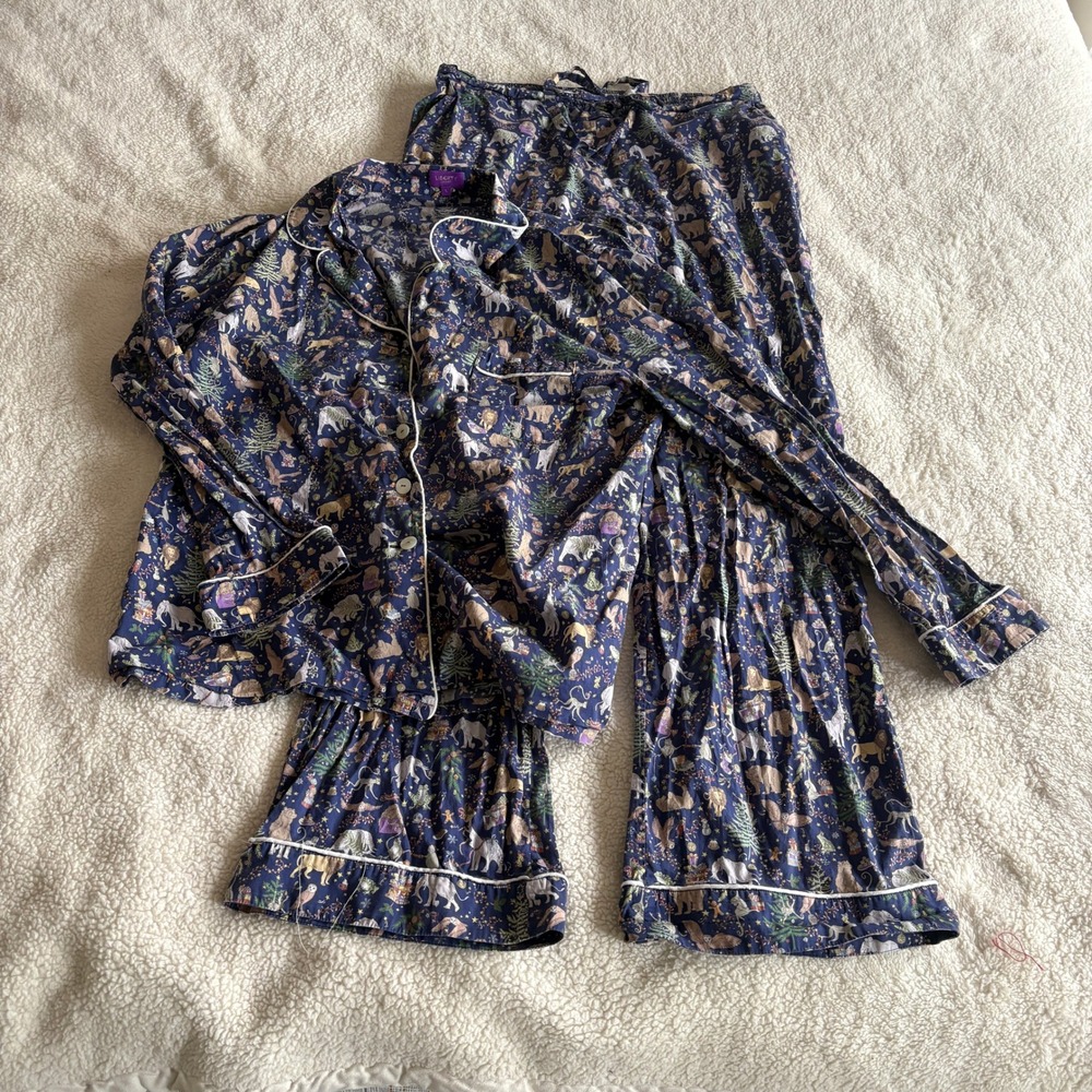 Liberty London Pajama Set Women Large Navy Blue Animal Print Cotton 2pc Holiday